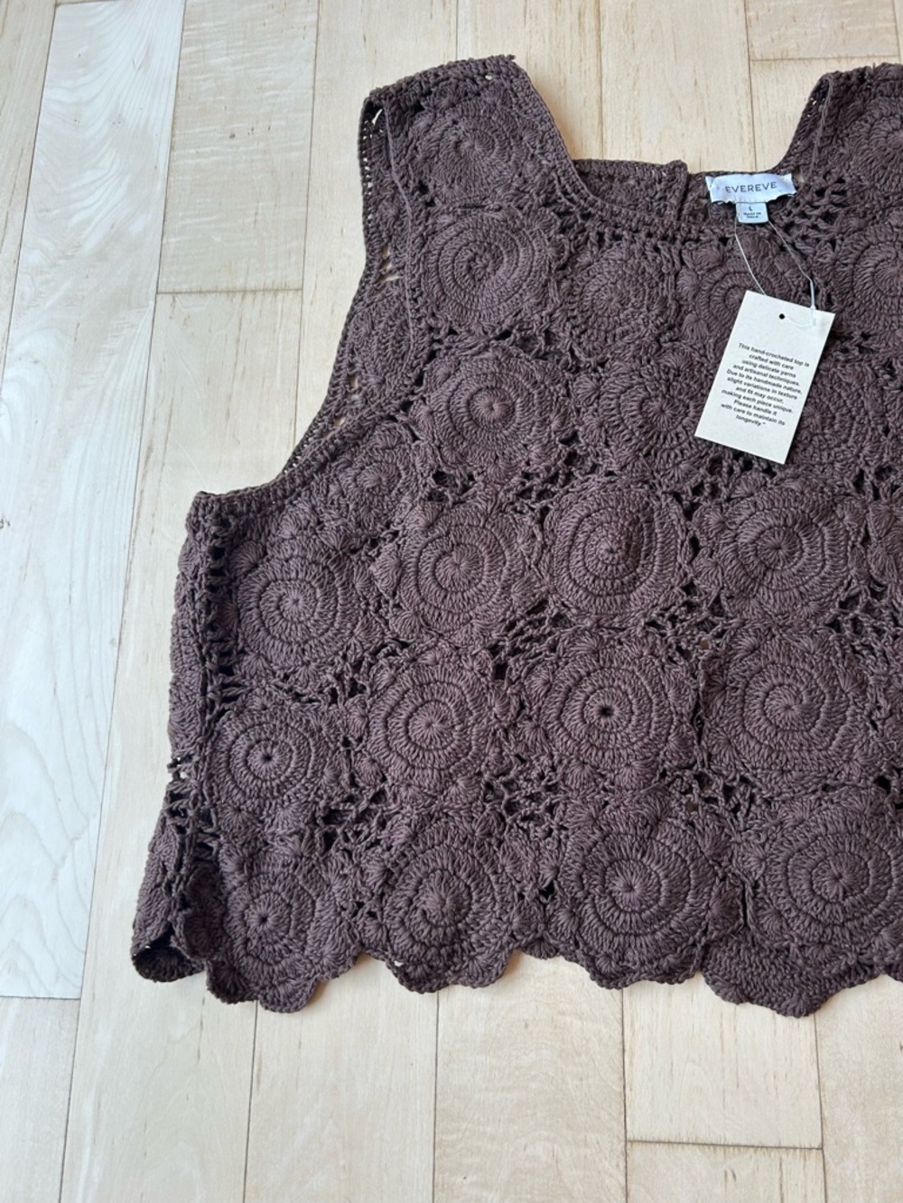 Evereve Hand Crochet Cotton Floral Lace Sleeveless Tank Brown Boho Sz Large NWT - Picture 4 of 16